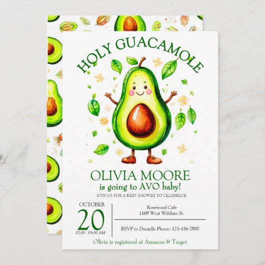 Invitation au Baby shower Saint-Guacamole Avocado (Devant / Derrière)
