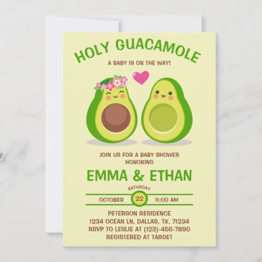 Invitation au Baby shower Saint-Guacamole Avocado (Devant)