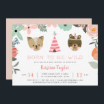Invitation au Baby shower sauvage de bois<br><div class="desc">Les invitations adorables à la douche pour bébé pour votre animal sauvage sur le chemin comprennent une bordure fleurie de saumons, une paire d'animaux de bébé en bois doux et une illustration de tipi rose. "Né pour être sauvage" apparaît dans les lettres de pêche, avec vos détails baby showers en...</div>