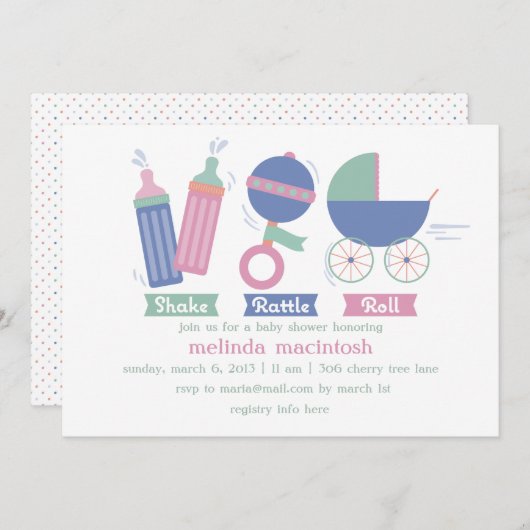 Invitation au Baby shower Shake Rattle & Roll (Devant / Derrière)