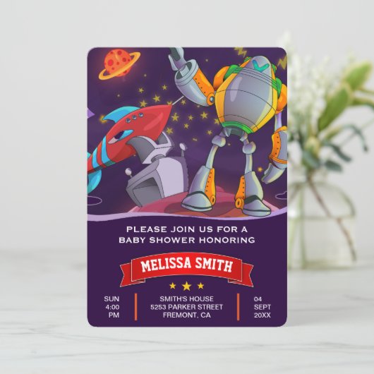 Invitation au Baby shower spatial de Rocket Robot (Debout devant)