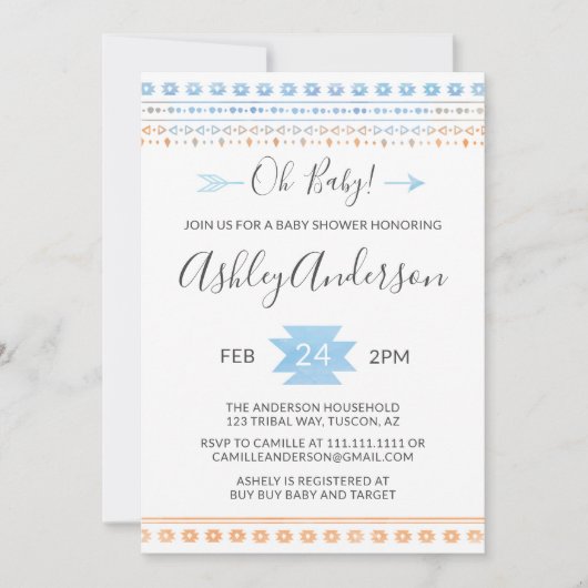 Invitation au Baby shower tribal Blue and Orange (Devant)