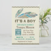 Invitation au Baby shower tribal de plume (garçon) (Debout devant)