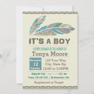 Invitation au Baby shower tribal de plume (garçon)