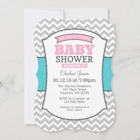 Invitation au Baby shower Turquoise de Chevron gri (Devant)