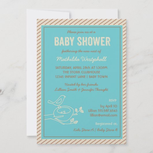 Invitation au Baby shower Turquoise du nid d'oisea (Devant)
