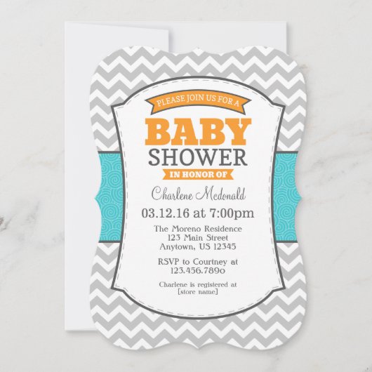 Invitation au Baby shower Turquoise Orange Grey Ch (Devant)