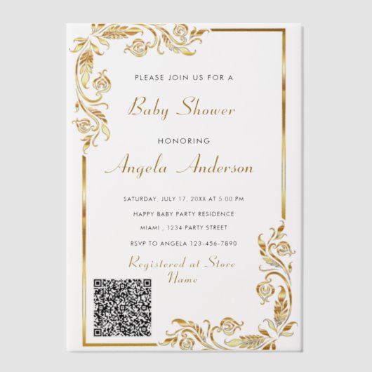 Invitation au Baby shower Vellum Or avec code QR (Recto)