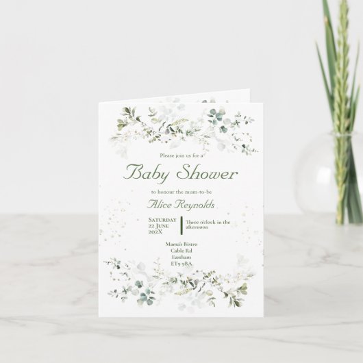 Invitation au Baby shower vert botanique (Devant)