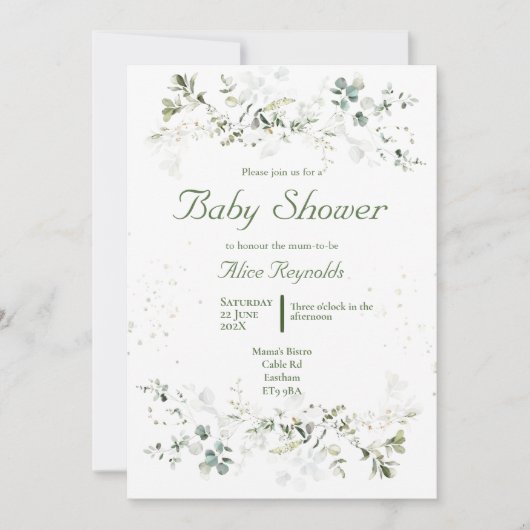 Invitation au Baby shower vert botanique (Devant)