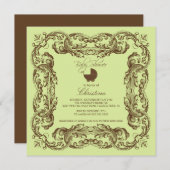 Invitation au Baby shower vert Brown de cadre Vint (Devant / Derrière)