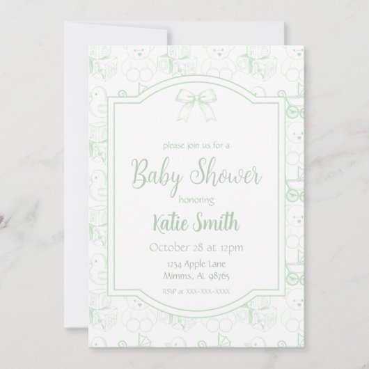 Invitation au Baby shower vert neutre pour les fem (Devant)