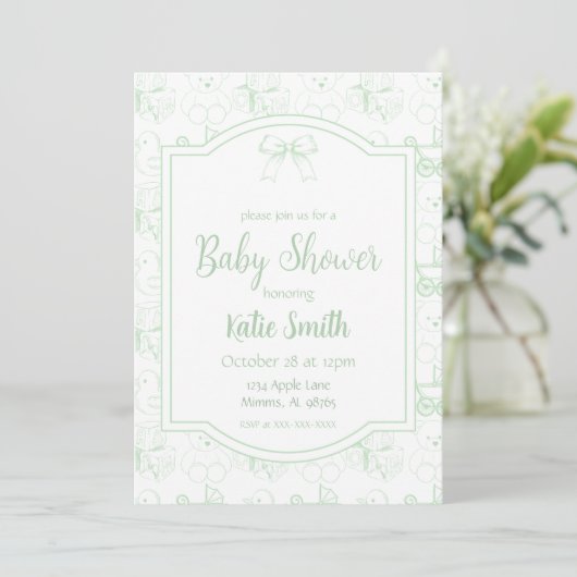 Invitation au Baby shower vert neutre pour les fem (Debout devant)