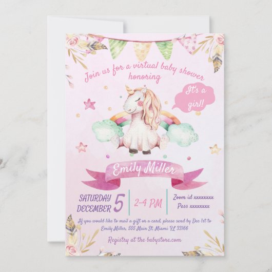 Invitation au Baby shower virtuel de l'Unicorne Wa (Devant)