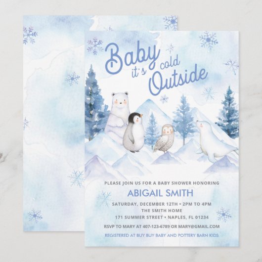 Invitation au Baby shower Winter Wonderland (Devant / Derrière)