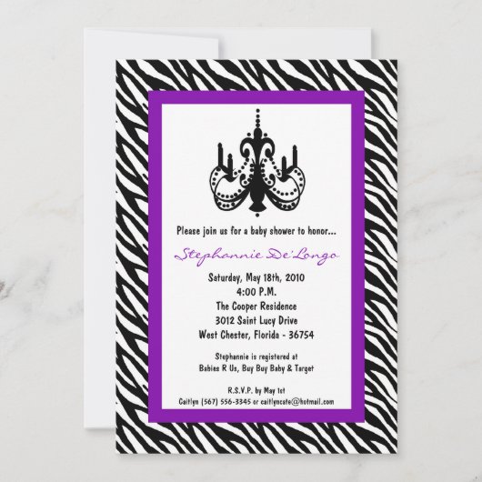 Invitation au Baby shower Zèbre Purple Chandelier (Devant)