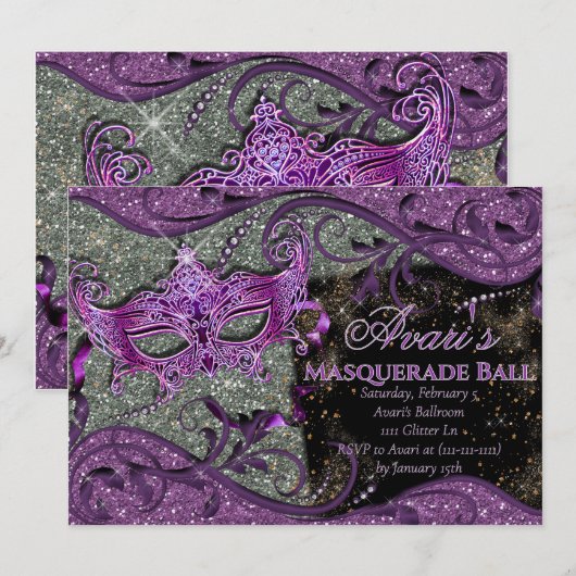 Invitation au Bal Masqué Violet, Mardi Gras (Devant / Derrière)