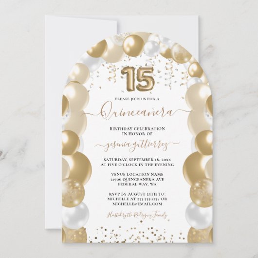 Invitation au ballon Quinceañera Gold White Sparkl (Devant)