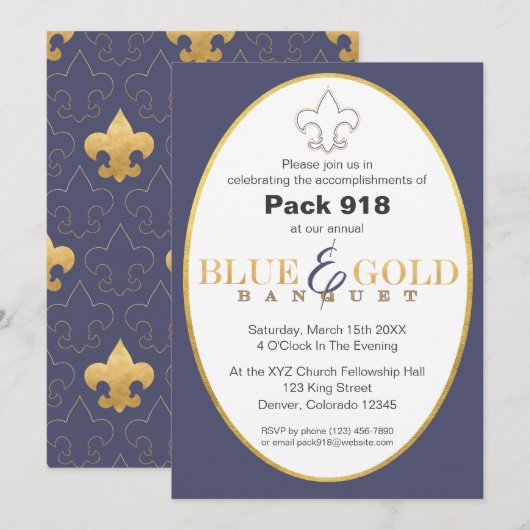 Invitation au banquet Elégant Blue & Gold (Devant / Derrière)