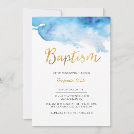 Invitation au baptême| aquarelle bleue et or (Devant)