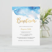Invitation au baptême| aquarelle bleue et or (Debout devant)