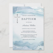Invitation au baptême bleu avec croix | Imprimable (Devant)
