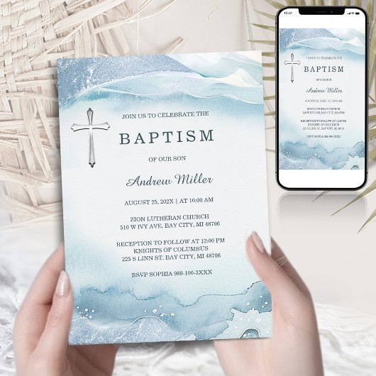 Invitation au baptême bleu avec croix | Imprimable