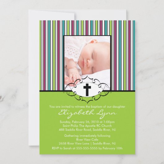 Invitation au baptême Christening Photo Green Stri (Devant)