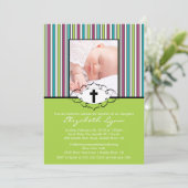 Invitation au baptême Christening Photo Green Stri (Debout devant)