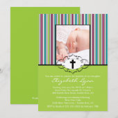 Invitation au baptême Christening Photo Green Stri (Devant / Derrière)