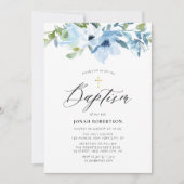 invitation au baptême de bébé bleu fleuri (Devant)
