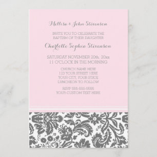 Invitation au baptême de Damas gris rose