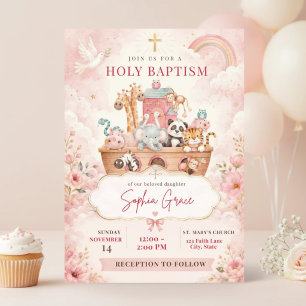 Invitation au baptême de fille Arche de Noé rose