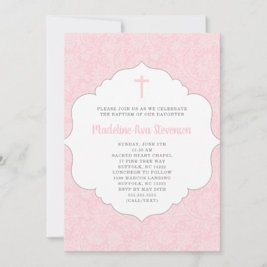 Invitation au baptême de fille | damas rose tendan (Devant)