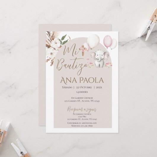 Invitation au baptême de fille en Boho espagnol (Devant/Arrière en situation)
