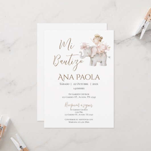 Invitation au baptême de fille en Boho espagnol (Devant/Arrière en situation)