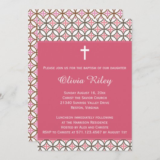 Invitation au baptême de filles roses (Devant / Derrière)