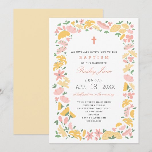 Invitation au baptême de la jeune fille florale jo (Devant / Derrière)