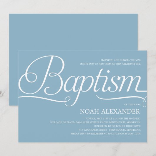 Invitation au Baptême de script - Bleu (Devant / Derrière)
