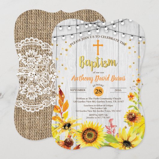 Invitation au baptême de tournesol Bûcher en bois  (Devant / Derrière)