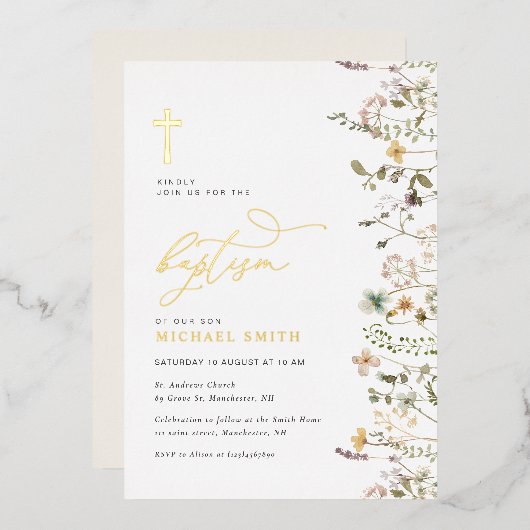 invitation au baptême fleur sauvage de feuille d'o (Recto/Verso)