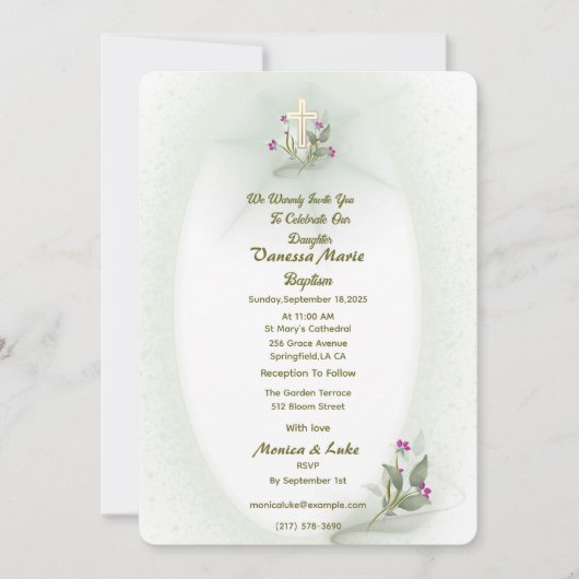 Invitation au baptême fleuri vert&blanc (Devant)