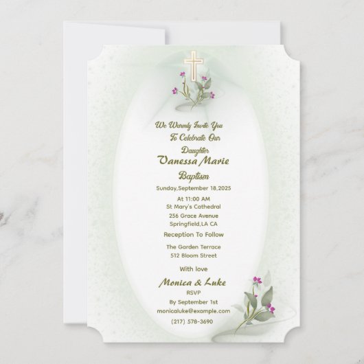 Invitation au baptême fleuri vert&blanc (Devant)