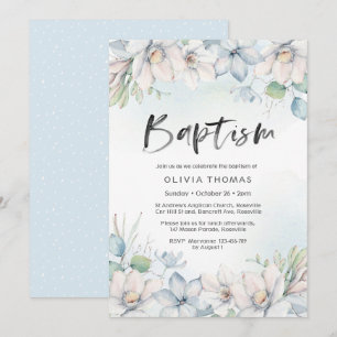 Invitation au baptême fleurs d'hiver bleues