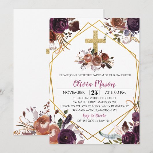 Invitation au baptême Floral Purple Or (Devant / Derrière)