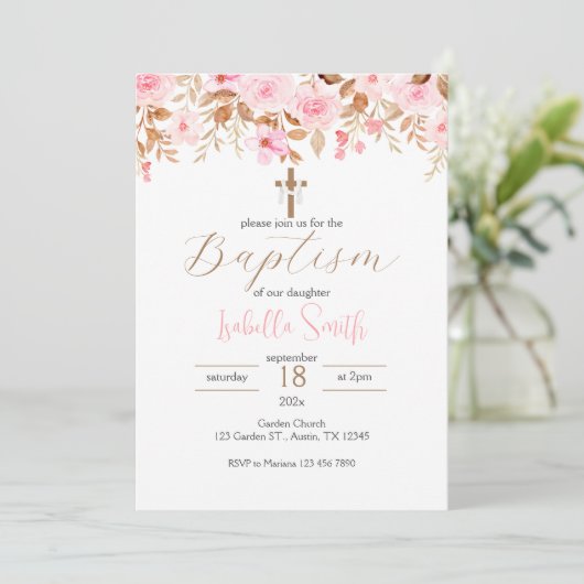 Invitation au baptême floral rose (Debout devant)