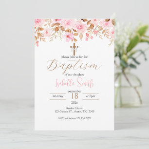Invitation au baptême floral rose