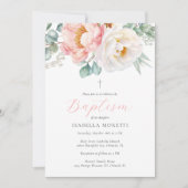 Invitation au baptême floral rose avec photo (Devant)