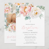 Invitation au baptême floral rose avec photo (Devant / Derrière)