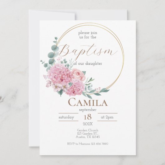 Invitation au baptême floral rose pour une fille e (Devant)